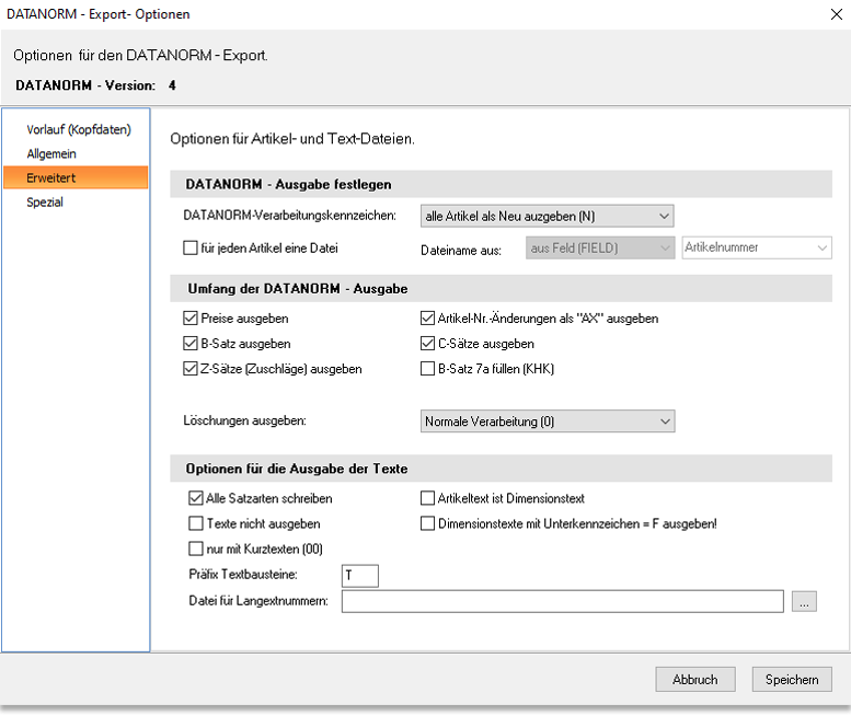 Erweiterte DATANORM-Optionen